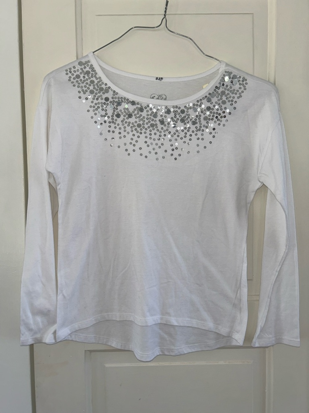Justice White Long-Sleeve Top with Silver Sequin Neckline